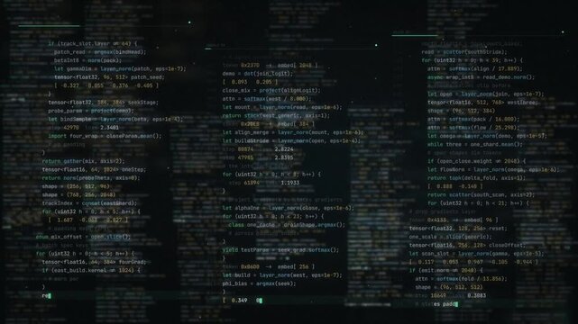 Machine learning training code streaming in three columns with loss values on dark screen
