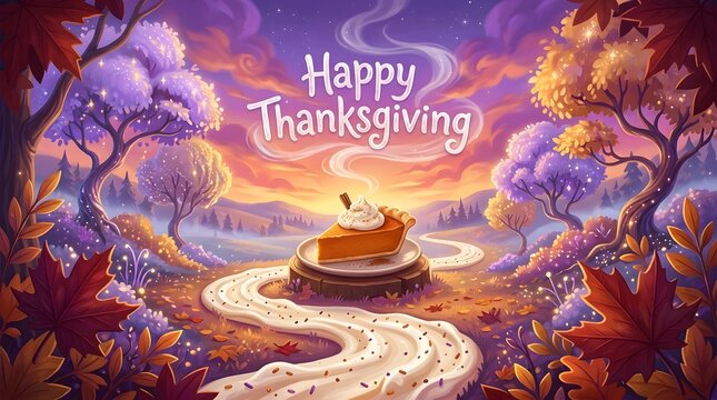 Pumpkin pie slice with whipped cream sits on a stump surrounded by magical autumn trees under a vibrant purple sunset