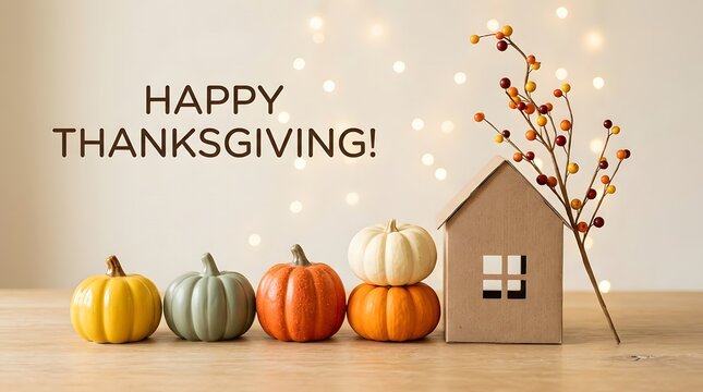 Happy thanksgiving greeting featuring cute colorful miniature ceramic pumpkins stacked near cardboard house ornament with glowing fairy lights bokeh background effect