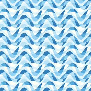 Blue white  waves, wavy ogee sea waters pattern, abstract seamless vector background