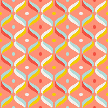 wavy ogee pattern Retro vibes , abstract seamless vector background, peach orange and teal blue colors, small dots between waves
