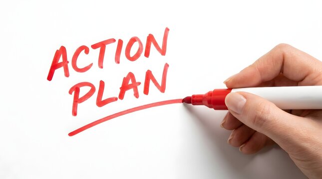 Hand writing ACTION PLAN with red marker on white board