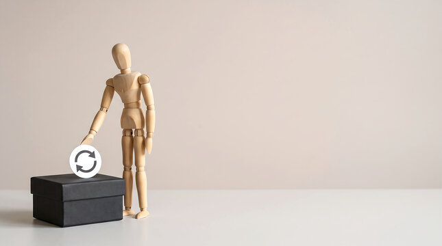 Marketing team mid-year performance review and continuous feedback loop concept with wooden mannequin inserting circular refresh token into ballot box featuring copy space for KPI tracking