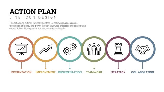Action plan steps with icons presentation improvement teamwork