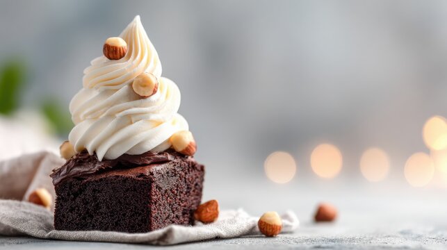 Rich Chocolate Brownie With Swirl of Whipped Cream and Hazelnuts