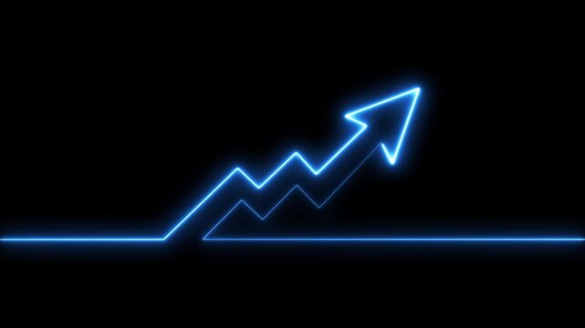 Neon blue financial growth chart arrow animation on black background, glowing