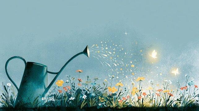 Delicate watering can pouring out liquid light and tiny stars onto bed of spring flowers. whimsical fantasy scene. ethereal glowing butterflies