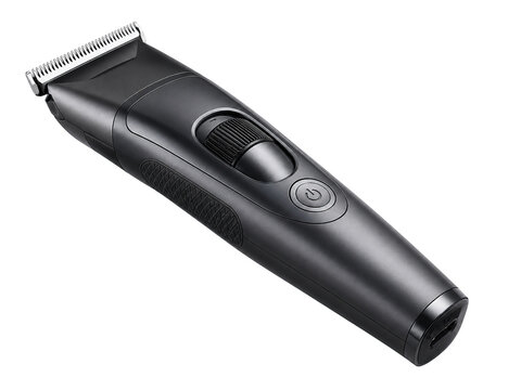 A beard trimmer from a 30 degree angle, graphite body, precision blade, isolated on white background.