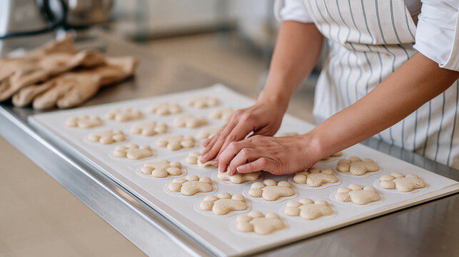 Food processing worker stretches before a long shift beside worn leather gloves in a minimalist studio close-up of hands pressing paw-shaped molds for a large batch of pet party
