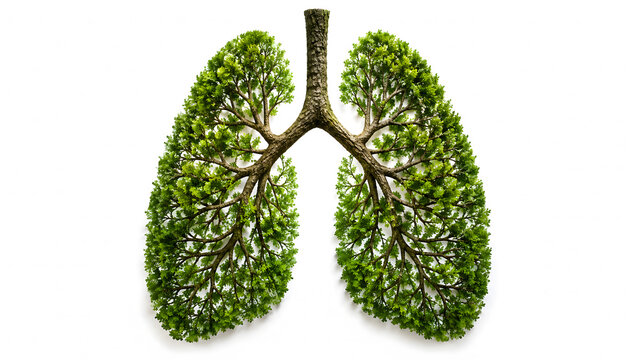 Human lungs shaped from green tree branches and dense fresh leaves isolated on white background representing environment health ecology concept and clean air