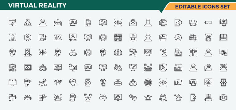 Virtual Reality vector icon set. Modern thin line style icons. Reality line icon set. Related to reality, 3d, virtual, digital, augmented, augmented reality, vr and more.