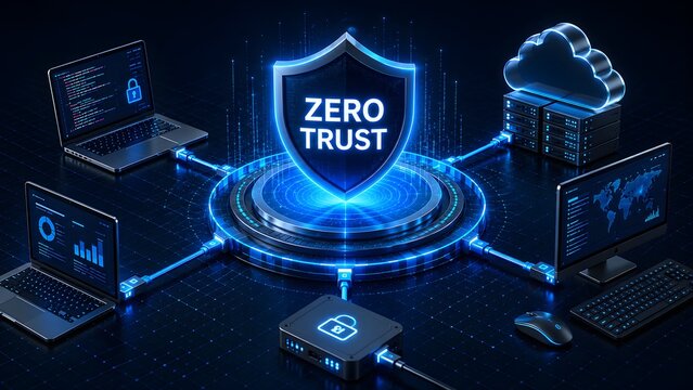 Zero trust cybersecurity shield protecting digital infrastructure