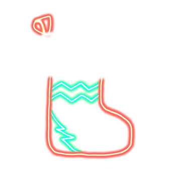 hand drawn simple glowing neon single christmas stocking with cyan chevron pattern and red