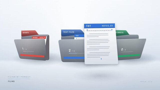 Documents filing into three color coded folders sorted by format on a light background