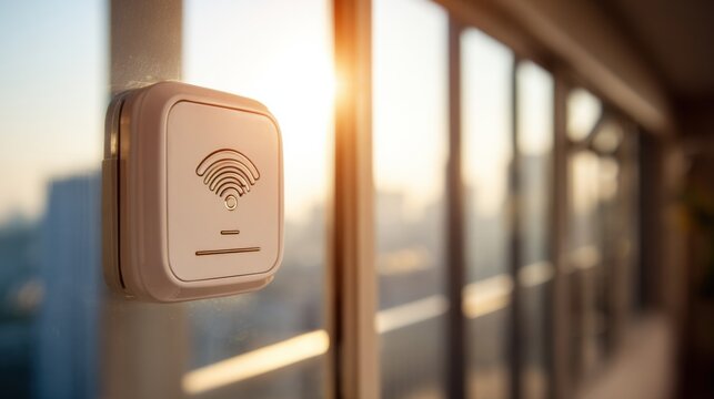 Wireless automatic door sensor device with wifi signal near sunlit window