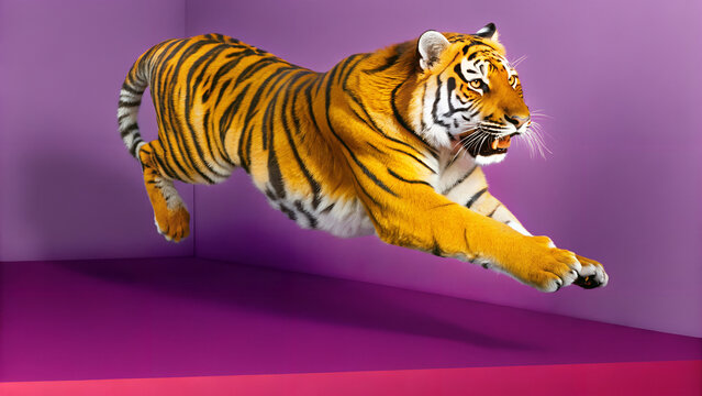 Bengal tiger leaping forward in purple studio room with dynamic pouncing hunting pose.