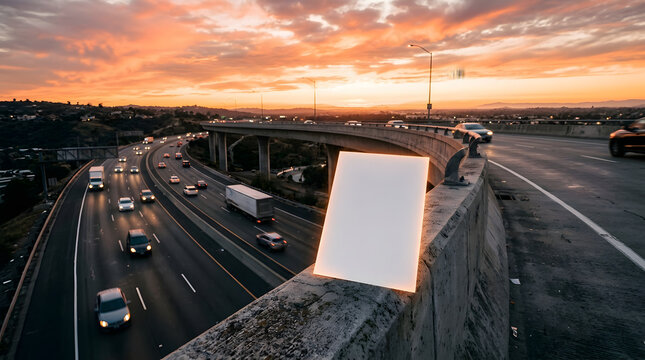 An elegant white paper flyer mockup placed on a concrete bridge highway at sunset for luxury travel and modern architectural branding showcases