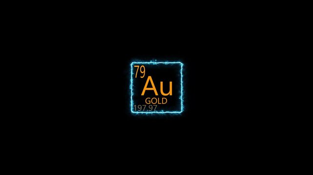 Glowing Gold Au Chemical Element Symbol with Neon Square Frame on Black Background 4K Motion Graphics..... 