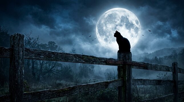 Silhouette of a black cat sitting on a wooden fence under a giant glowing full moon in spooky forest