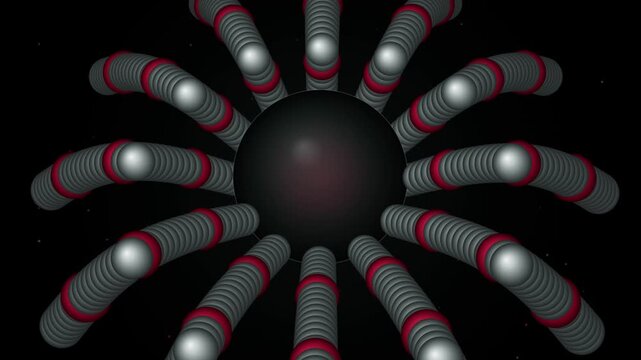 Abstract 3d rendering of a central dark sphere with radiating segmented mechanical tentacles