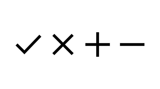 A clear depiction of four fundamental symbols: checkmark, cross, plus, and minus signs, arranged horizontally on a white background.