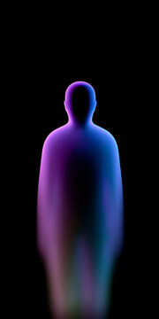 Abstract silhouette of a person glowing with vibrant purple, blue, and pink hues against a stark black background, suggesting a spiritual or energetic presence