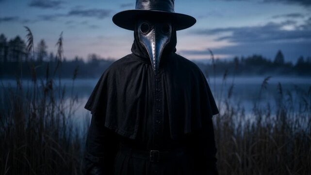 A Plague Doctor In Traditional Black Costume Standing By A Misty Lake At Twilight, Historical Horror Character Concept