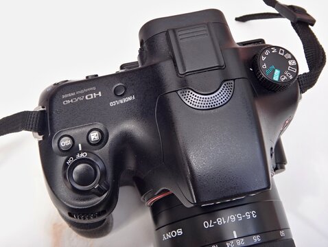 Sony DSLR camera on white background top view