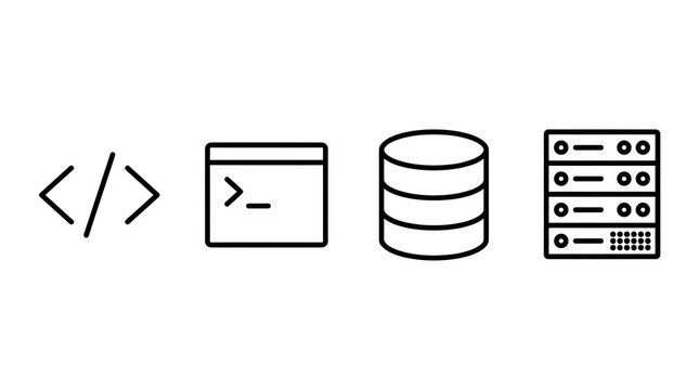 A series of four line icons representing different aspects of software development and IT infrastructure, including code, terminal, database, and servers.