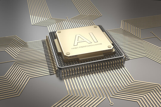 3d AI leistungsstarker Microchip Gold, schwarz mit vergoldeten Leiterbahnen auf Platine mit dunklen Hintergrund . 3D Illustration	

