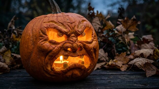 Spooky Halloween Jack-o'-lantern with Intricately Carved Angry Face Glowing on Autumn Leaves at Night