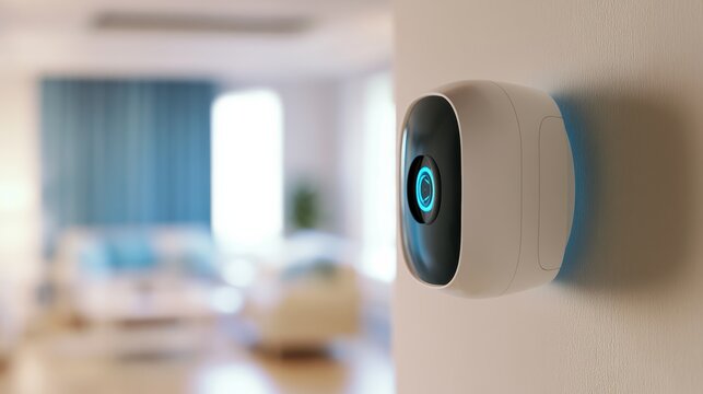 AI elderly fall detection Modern smart security camera mounted on an indoor wall overlooking a bright living room space.