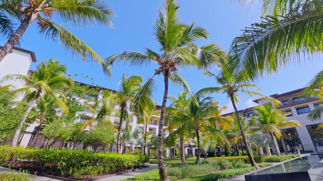 Low angle view of palm trees lush gardens and modern resort buildings at Lopesan Caoba Lagoon in Punta Cana Dominican Republic