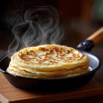 A stack of fresh, steaming golden-brown crepes or pancakes resting in a black frying pan on a wooden surface, with wisps of hot vapor rising above the food.