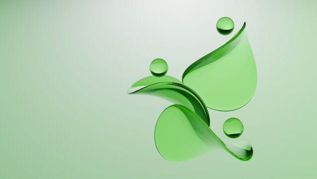 Green abstract leaf water droplet glass curve design on soft background with fresh natural calm botanical style