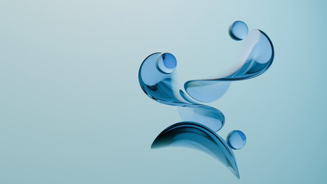 Abstract blue glass wave bubble liquid swirl on aqua background, transparent flowing shape with clean modern design