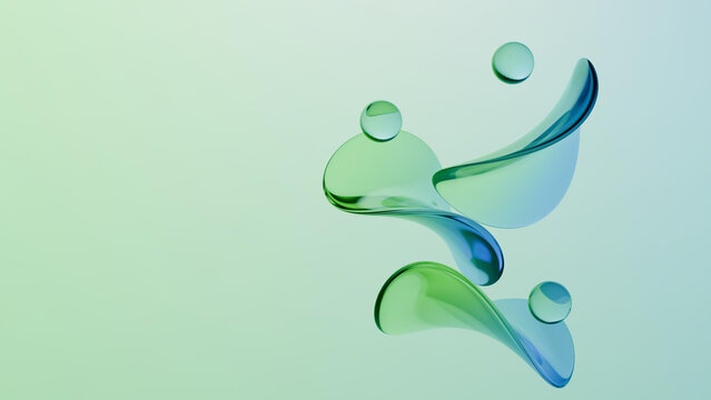 Abstract glass liquid green blue bubble form floating on soft gradient background with transparent fluid motion