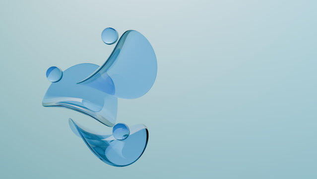 Abstract blue glass bubble liquid shape floating on pale background with transparent curve and modern minimal style
