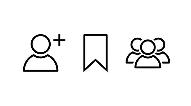 Three black line icons representing social media or user interface actions: add friend, save bookmark, and group of people on a white background.