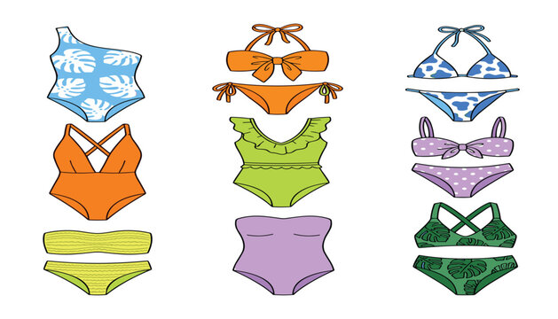 Collection of trendy women swimwear vector illustrations featuring various stylish bikini sets one piece swimsuits and beachwear fashion