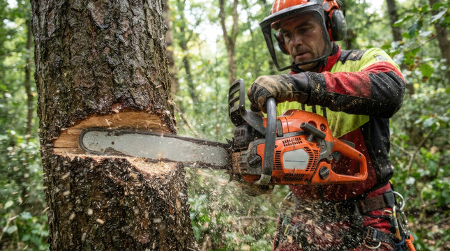 Professional Lumberjack Cutting Large Tree With Chainsaw While Wearing Protective Equipment