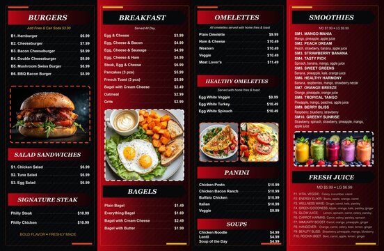 Restaurant Menu: A vibrant and modern restaurant menu showcasing a variety of delicious food and drink options, including burgers, breakfast, omelets, smoothies, and fresh juices.