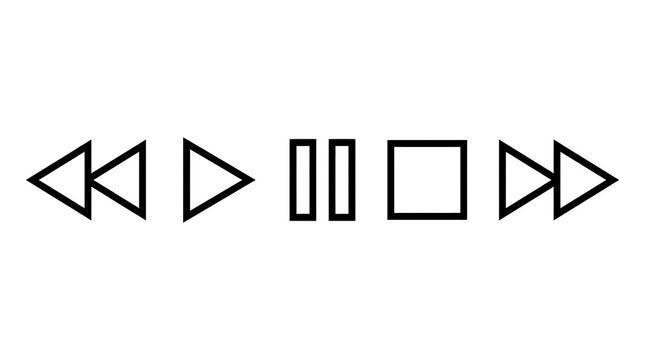 A row of black outline media player control icons including rewind, play, pause, stop, and fast forward on a white background.