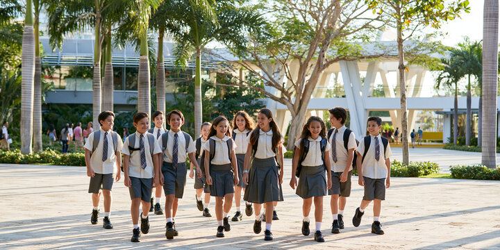 A group of school children in uniform walking together on a sunny day. The children are diverse and appear to be in elementary school, with backpacks and smiling faces.