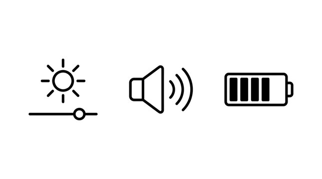Three line icons representing brightness, volume, and battery level on a white background.
