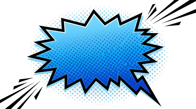 Retro comic book speech bubble with blue halftone gradient, jagged pop art explosion frame, vintage cartoon shout cloud for text