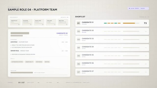 Candidate screening dashboard scoring CVs against weighted requirements into a ranked shortlist