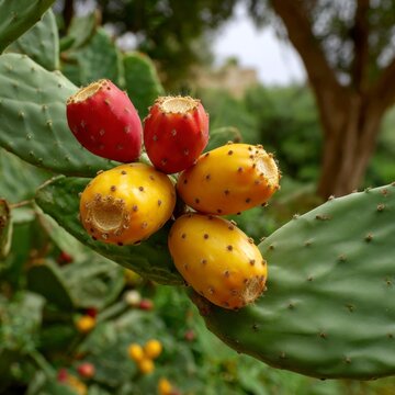Close-up of ripe red and yellow prickly pear fruits growing on a green cactus pad in a natural outdoor garden setting.
