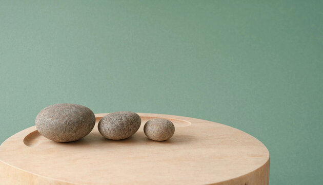 Three smooth stones arranged on wooden pedestal against green background symbolizing balance and minimalism