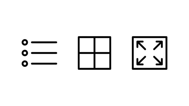 Three common user interface icons: a bulleted list, a grid, and a fullscreen expand symbol.